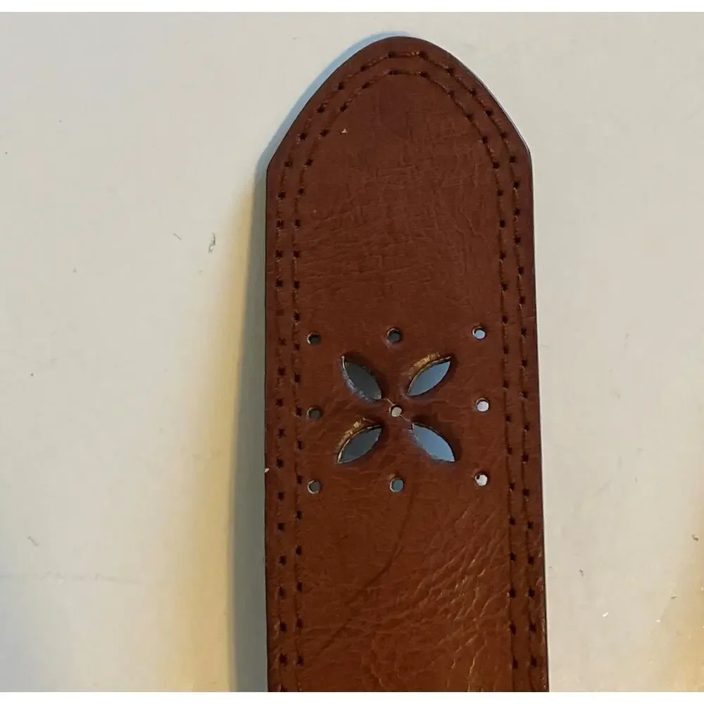 Brown Embossed Diamond Floral Faux Leather Belt Womens Small Gold Buckle Boho